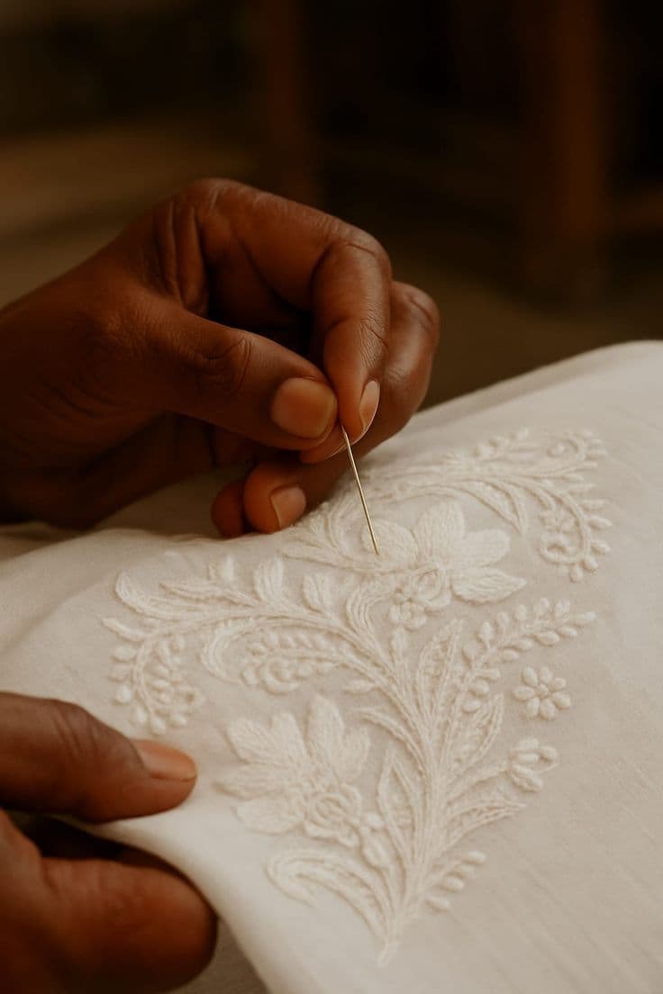 Hands hand-embroidering a white floral motif onto cream fabric with a needle