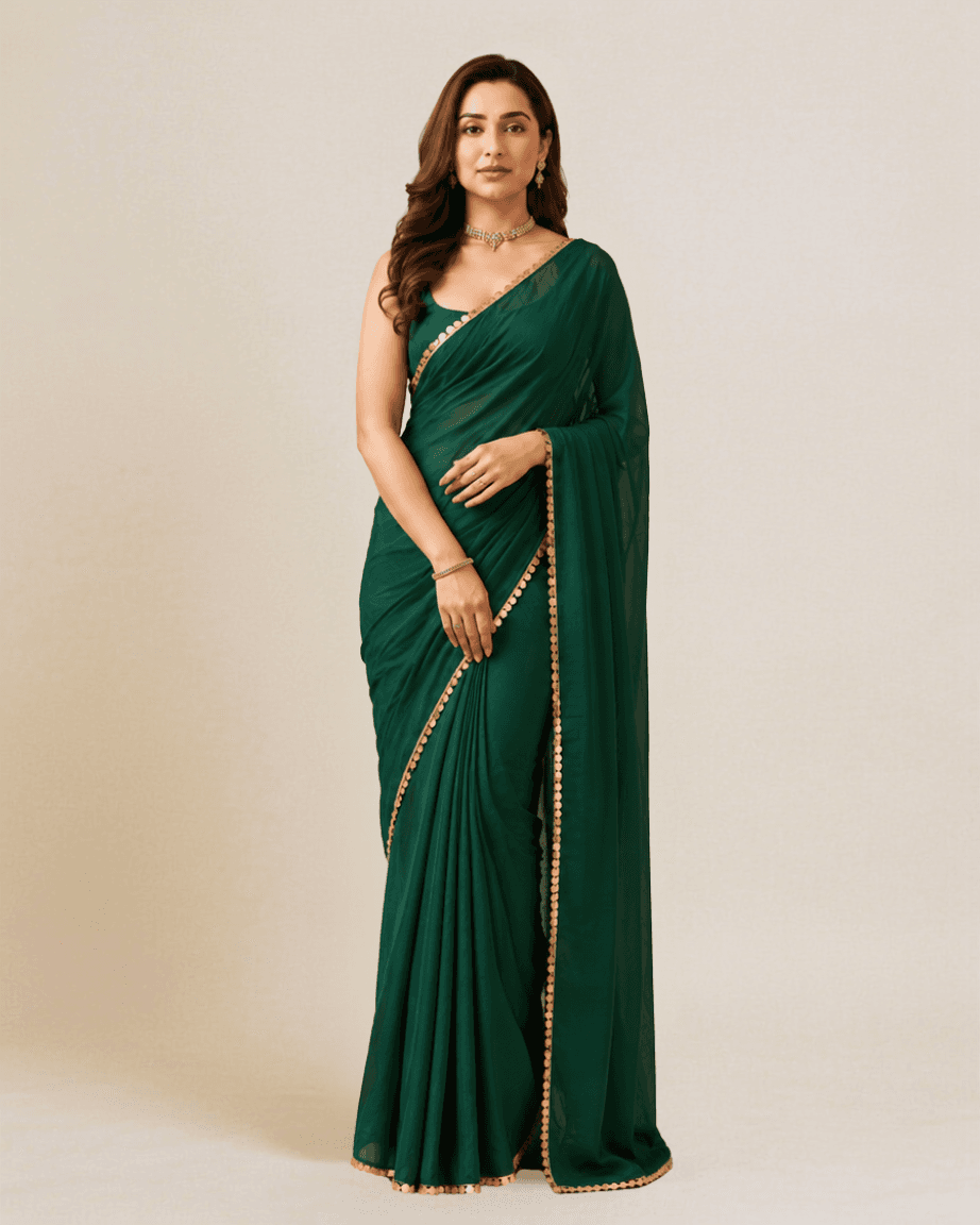Model wearing an emerald-green georgette saree with a scalloped gold sequin border, front view