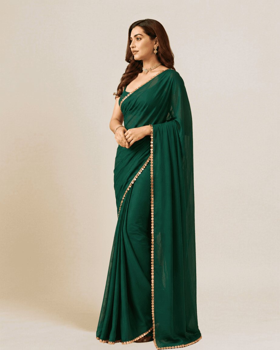 Emerald-green georgette saree, alternate side profile