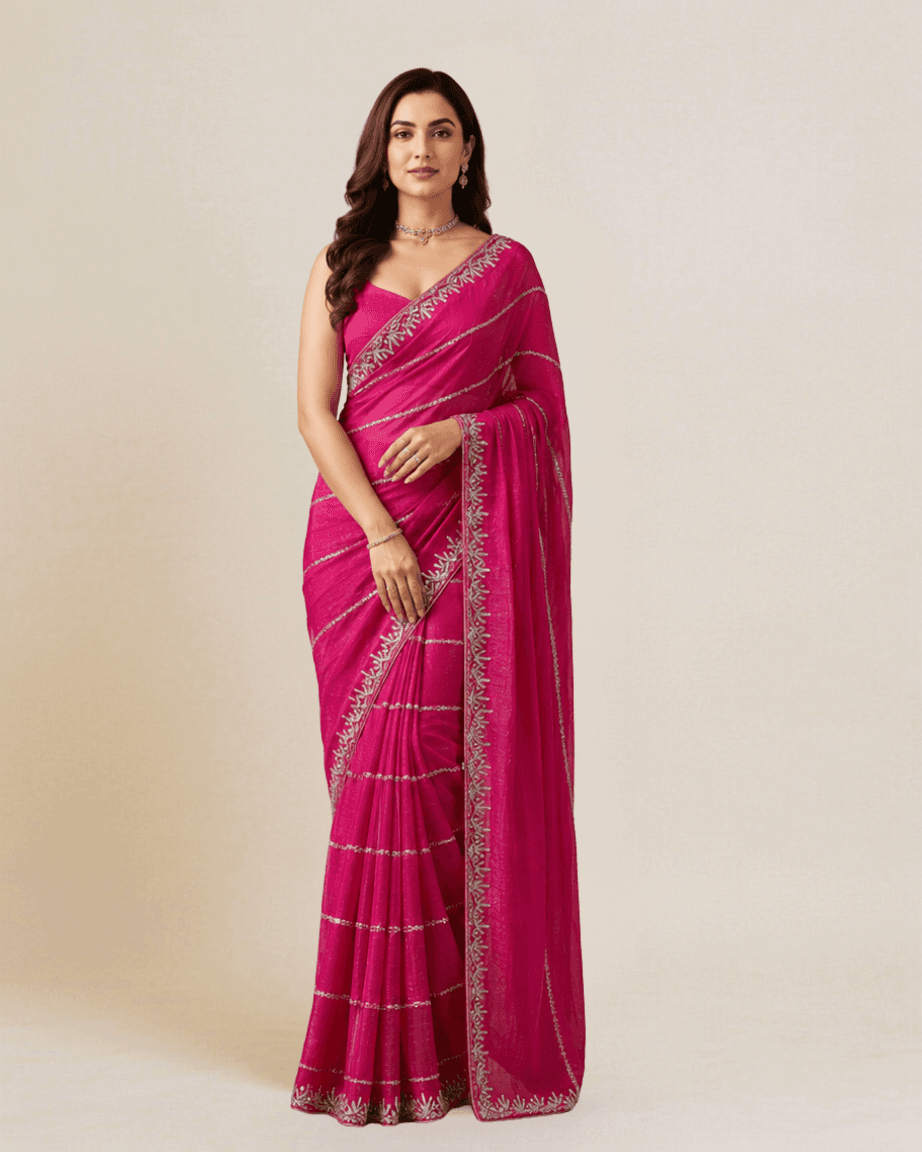 Model wearing a fuchsia silk blend saree with silver sequin chevron stripes and a hand-embroidered floral border, front view