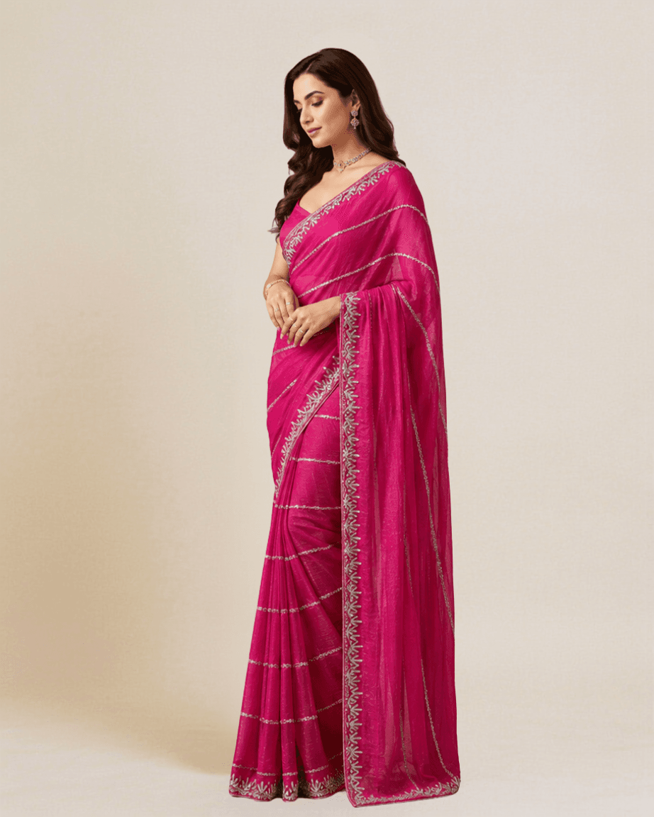 Fuchsia silk blend saree, side profile showing the hand-embroidered floral border