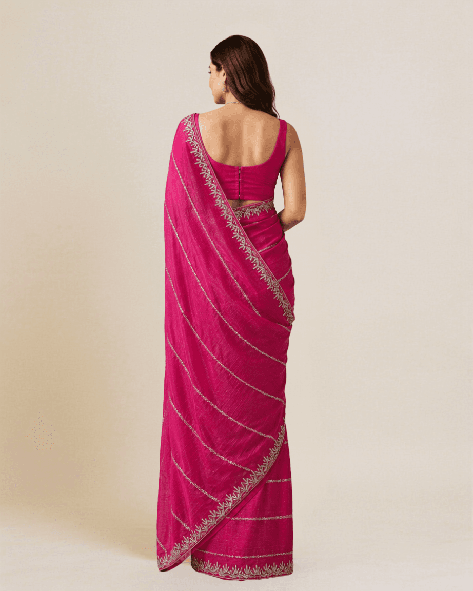 Fuchsia silk blend saree, back view