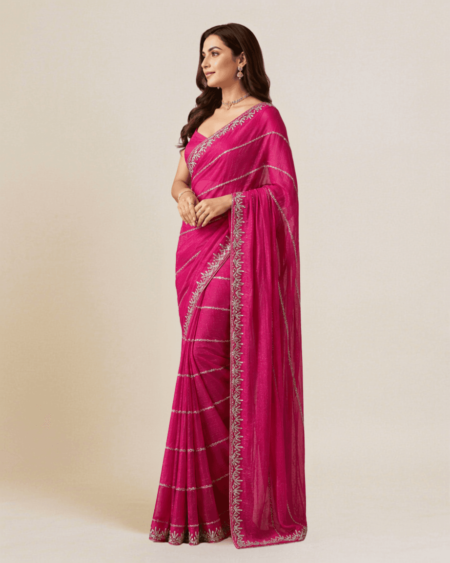 Fuchsia silk blend saree, alternate side profile showing the sequin chevron stripes
