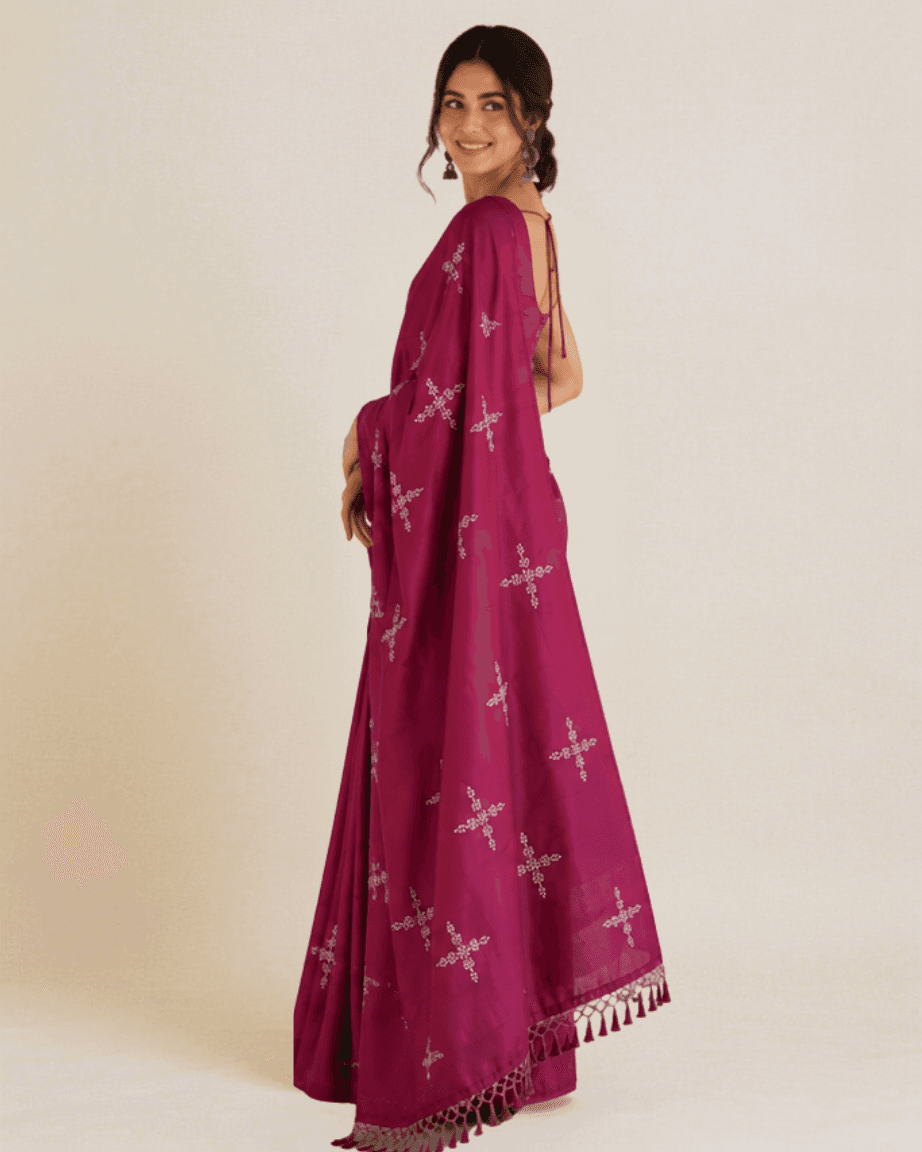 Magenta silk-cotton saree, side-back view with the beaded tassel border along the pallu edge