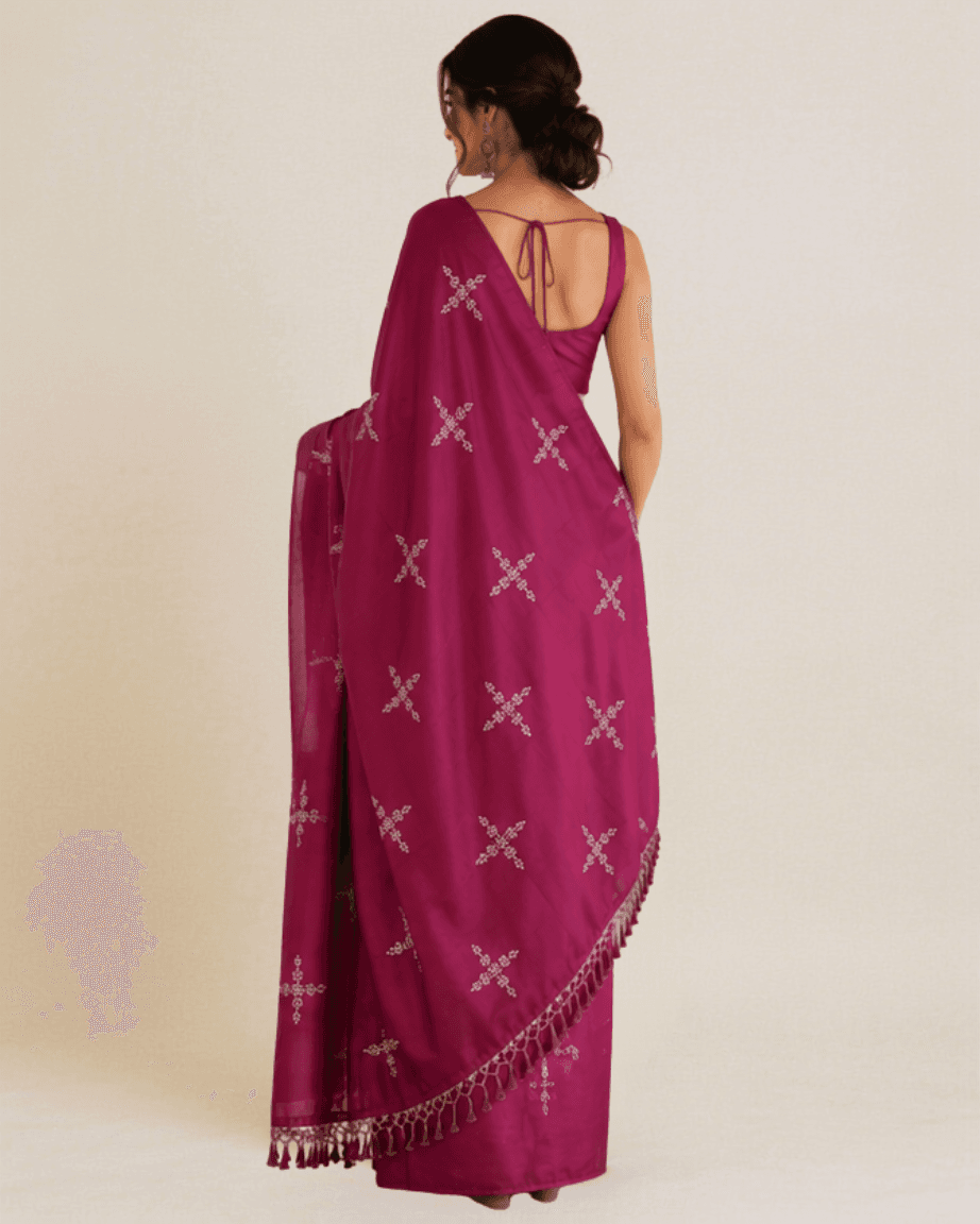 Magenta silk-cotton saree, back view with a tie-back blouse