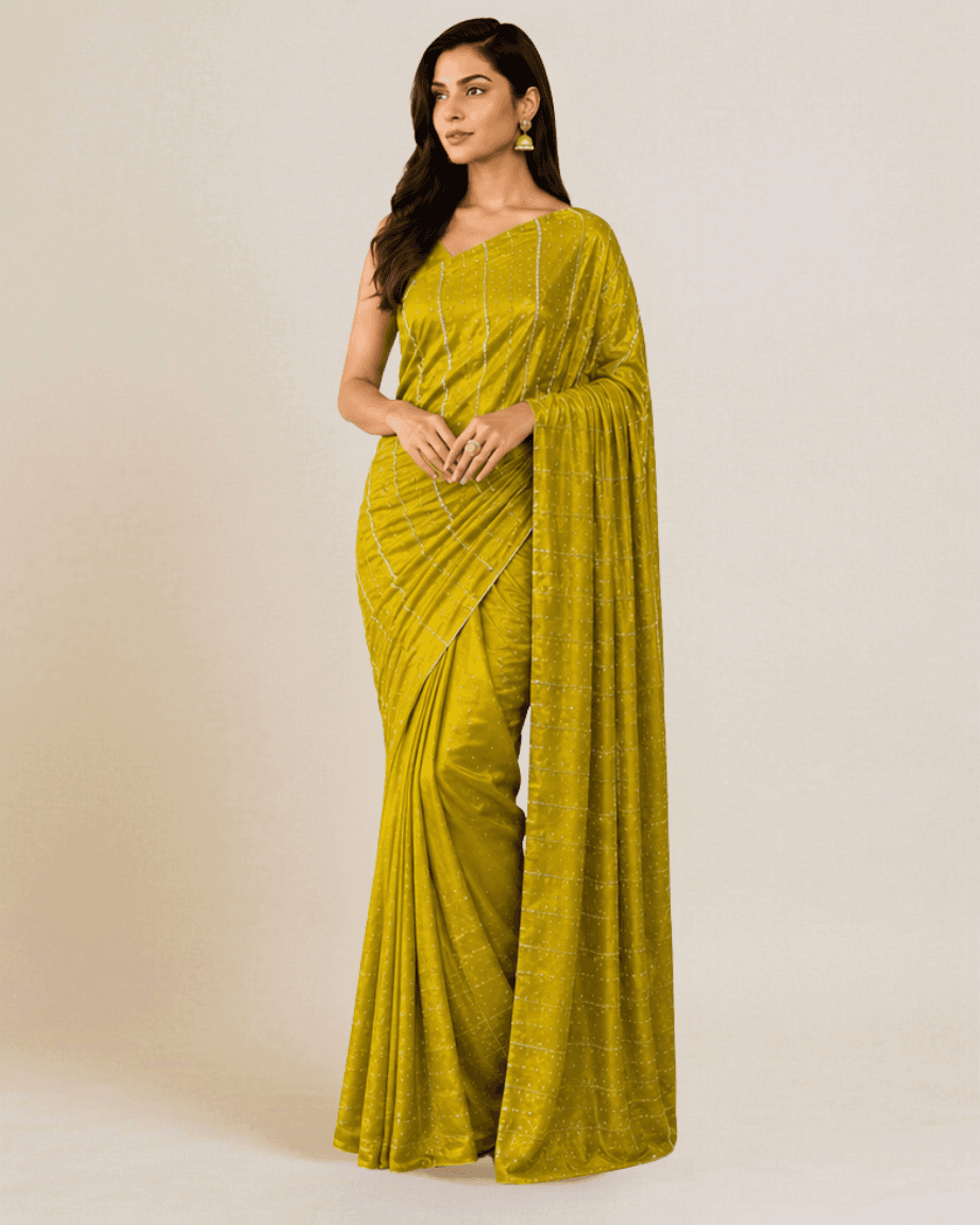 Model wearing a mehendi-green satin saree with cascading silver sequin pinstripes, front view