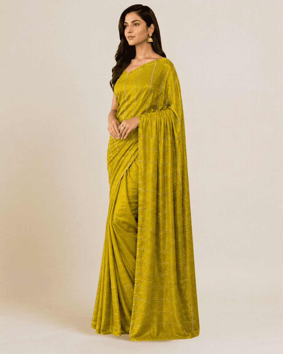 Mehendi-green satin saree, closer side view of the sequin pinstripe detailing