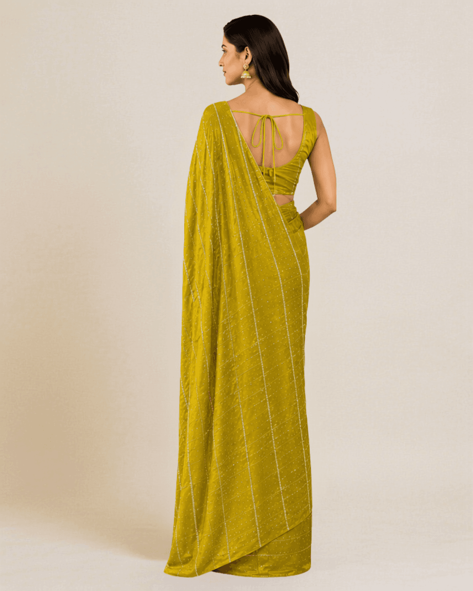 Mehendi-green satin saree, back view with a low draped tie-back blouse