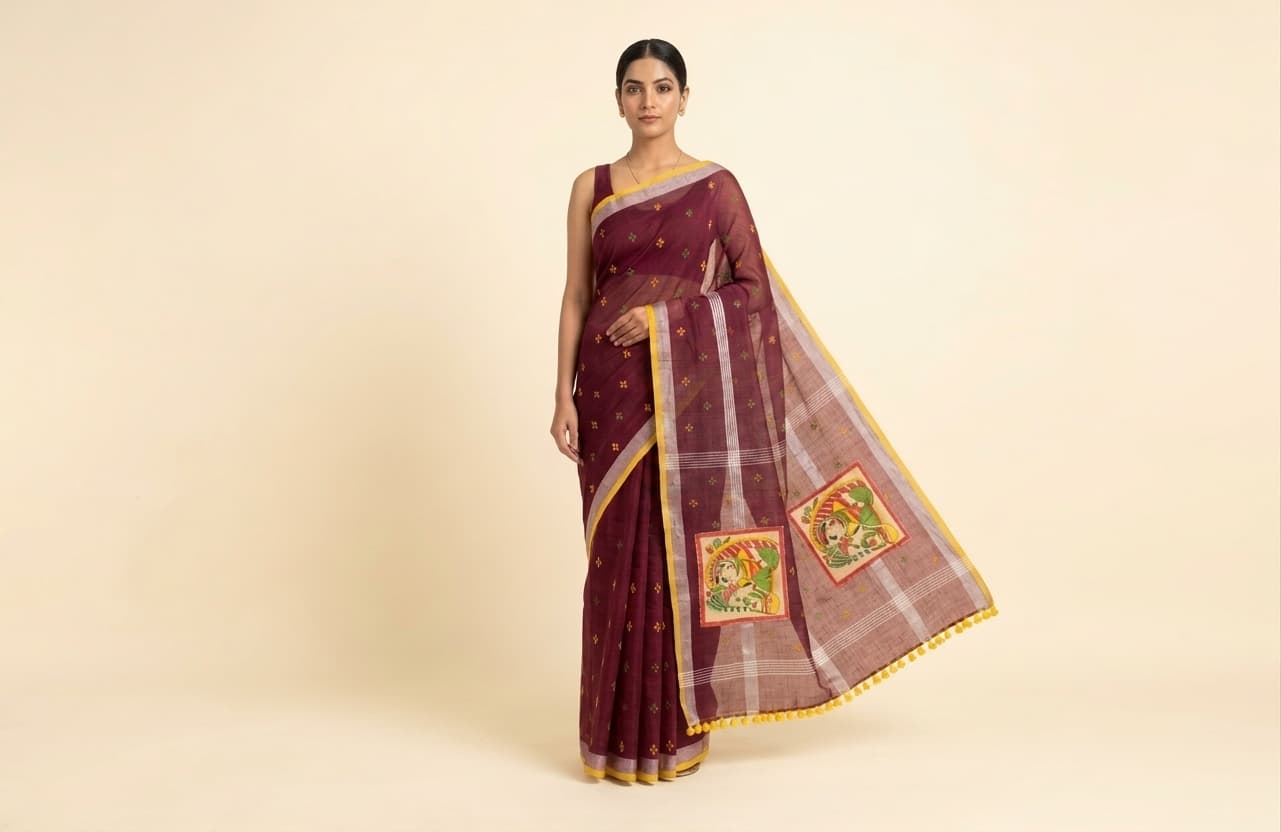Model wearing a merlot georgette saree with gold-lilac border and Pichwai-art patch pallu, front view
