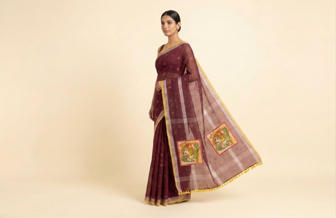 Merlot georgette saree, side profile with the Pichwai patch pallu draped over the shoulder
