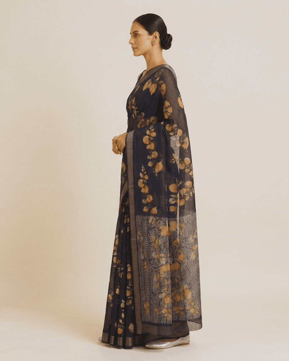 Midnight-navy watercolour leaf-print georgette saree, side profile