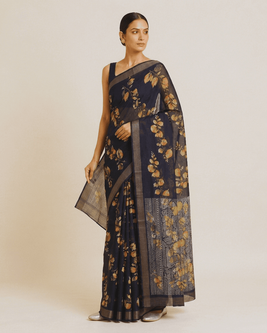 Midnight-navy watercolour leaf-print georgette saree, alternate front angle