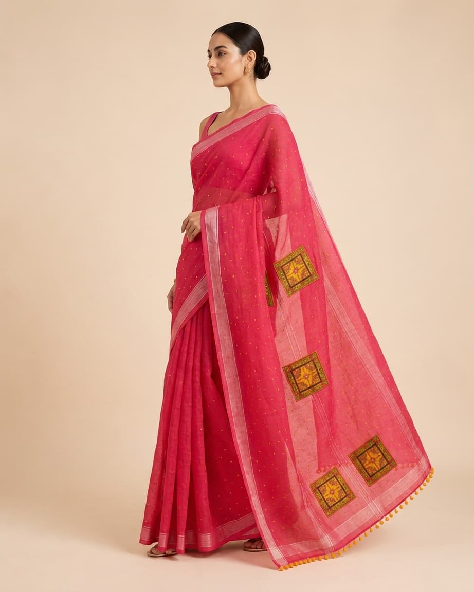Rani-pink georgette saree, side profile with the pallu draped over the shoulder