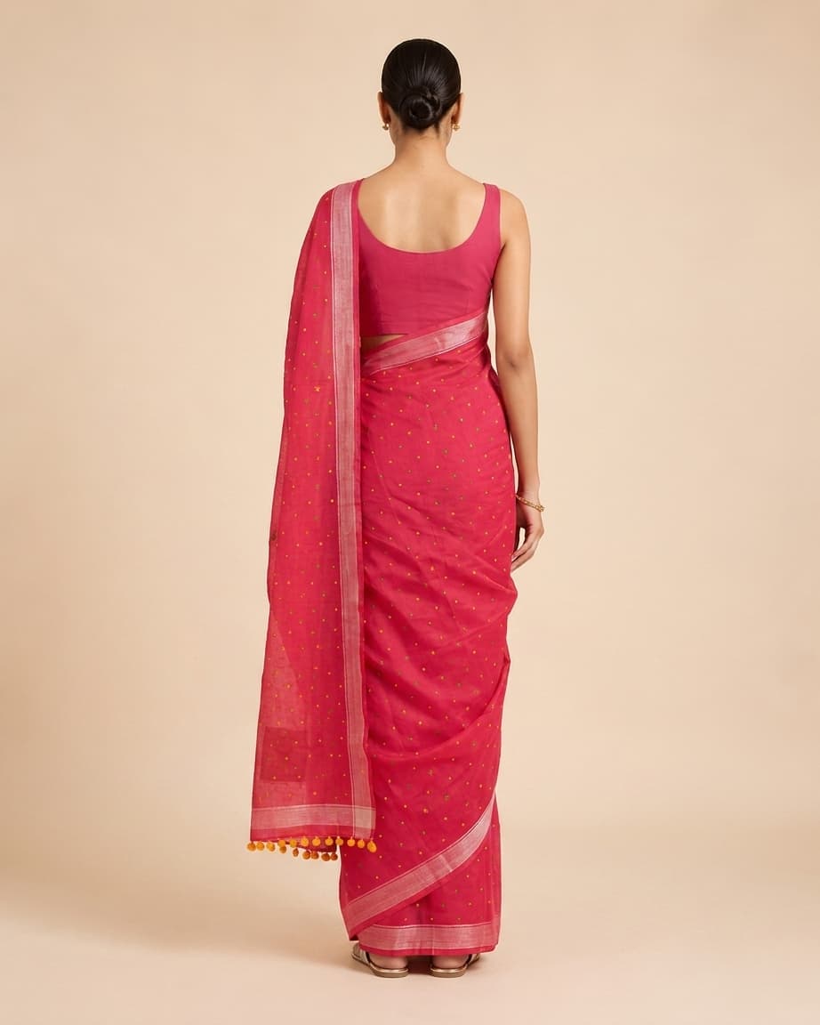 Rani-pink georgette saree, back view