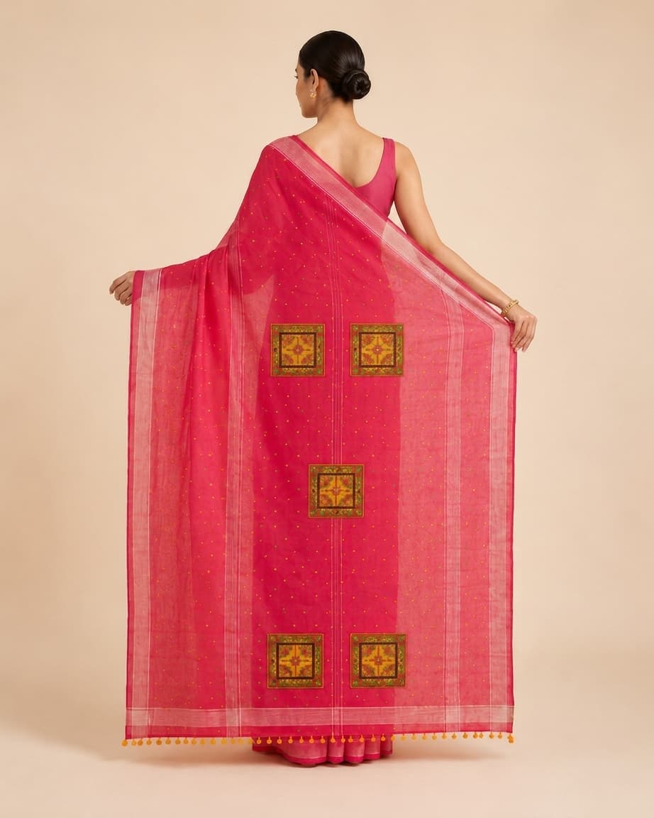 Rani-pink georgette saree, back view with the pallu held open to show the embroidered patch squares