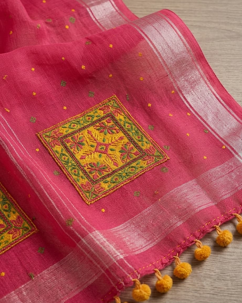 Close-up of the hand-embroidered floral patch square and marigold pompom trim on the rani-pink georgette saree