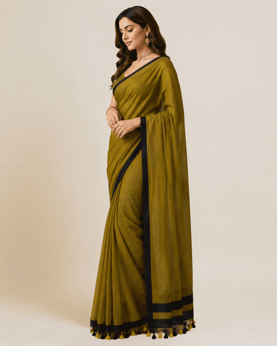 Olive linen-blend saree, side profile showing the black satin border