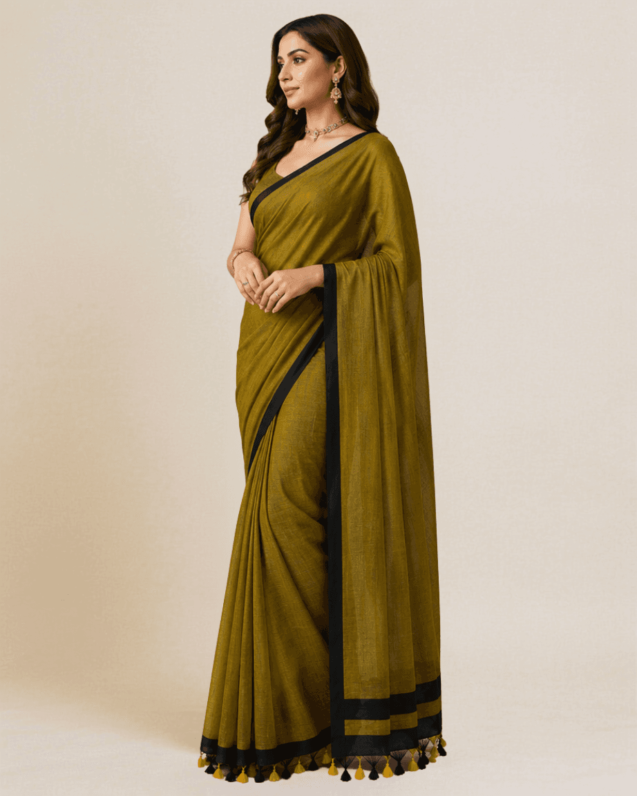 Olive linen-blend saree, alternate side profile