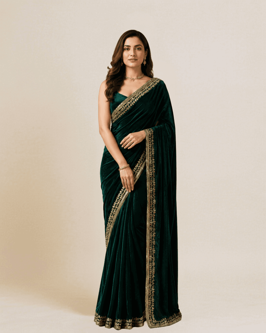 Model wearing a bottle-green velvet saree with hand-embroidered gold foliage border, front view