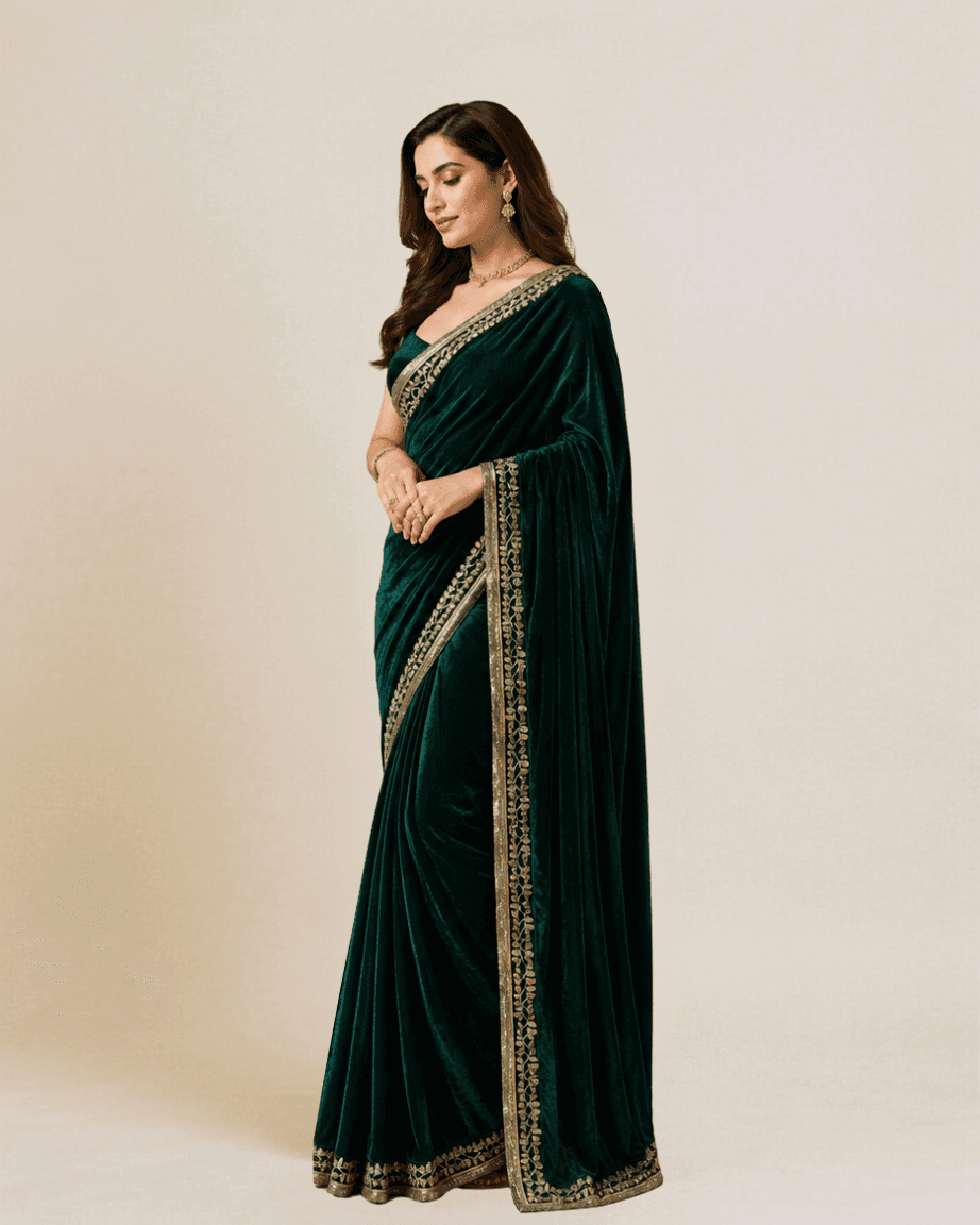 Bottle-green velvet saree, side profile showing the gold foliage border