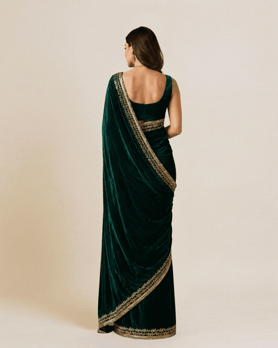 Bottle-green velvet saree, back view