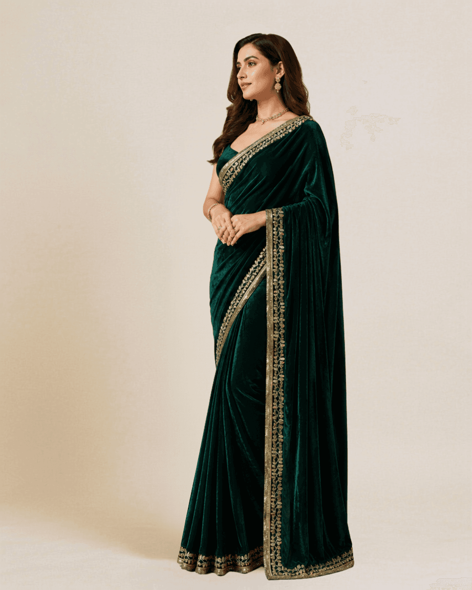 Bottle-green velvet saree, alternate side profile