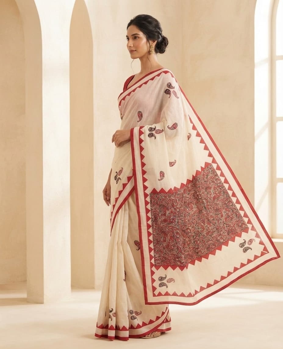 Ivory kalamkari-print cotton saree, side profile showing the pallu drape