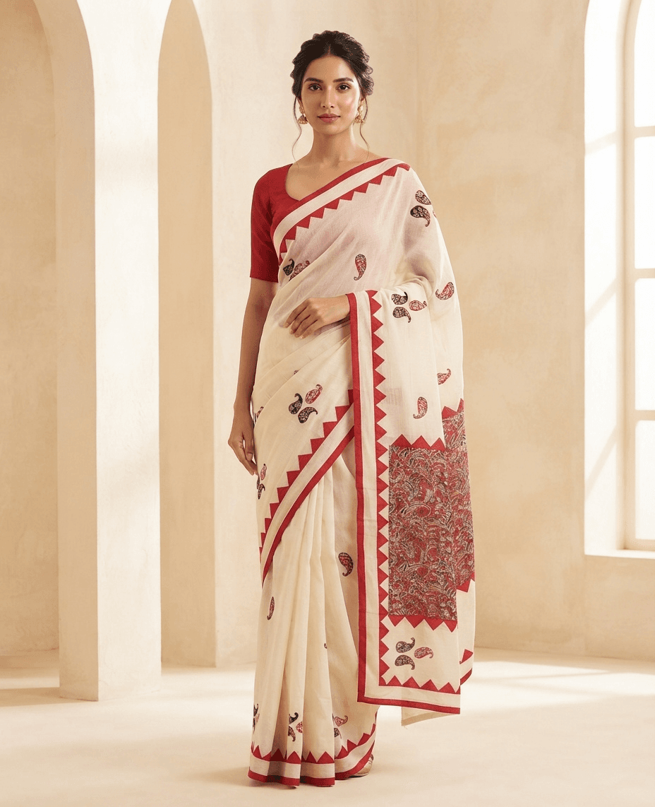 Model wearing an ivory cotton saree with a red temple-motif border and hand block-printed paisley motifs, red blouse, front view