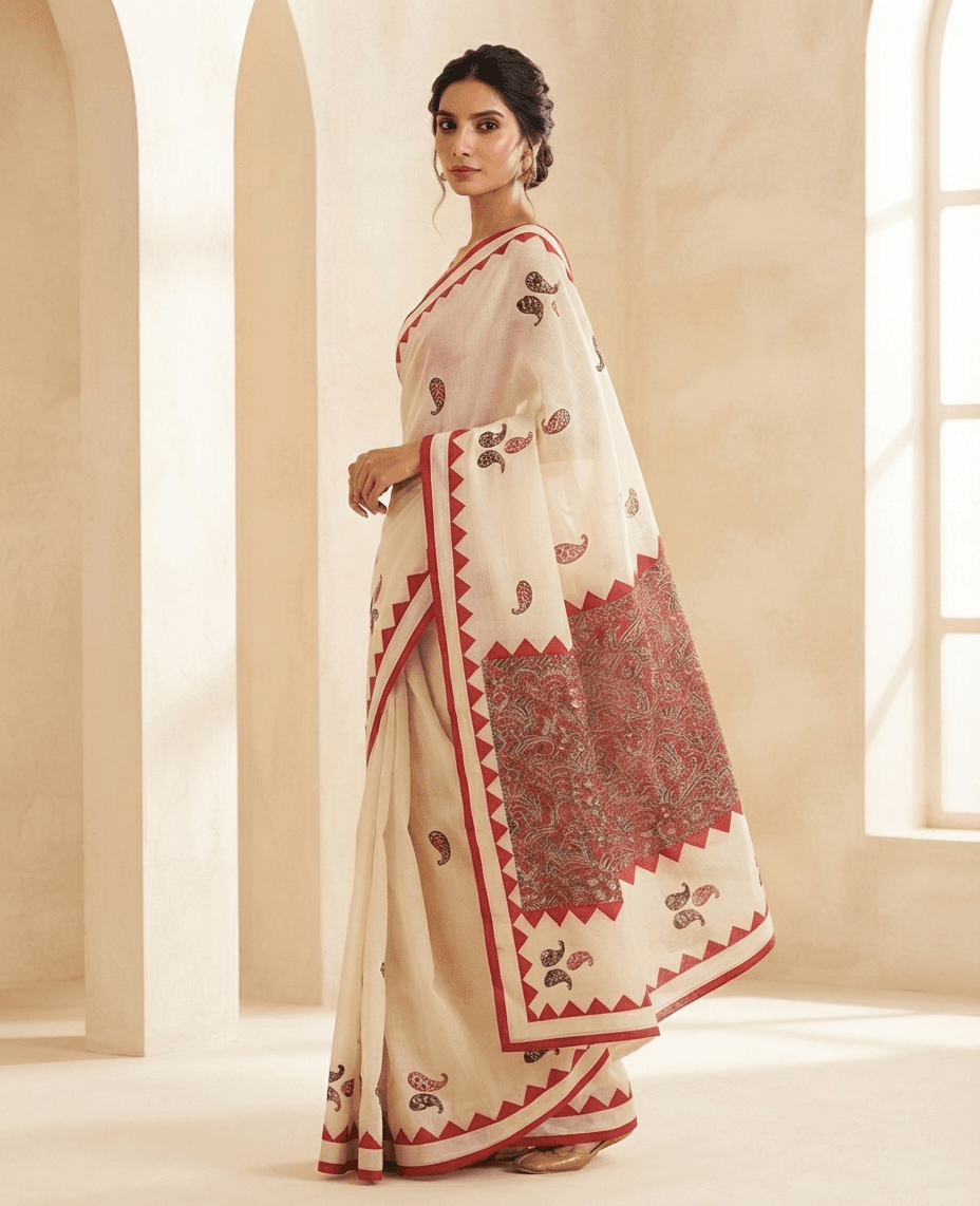 Ivory kalamkari-print cotton saree, side profile detail of the pallu block