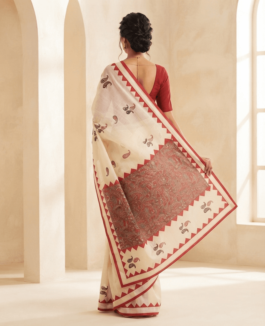 Ivory kalamkari-print cotton saree, back view with the pallu held open to show the dense block-print block