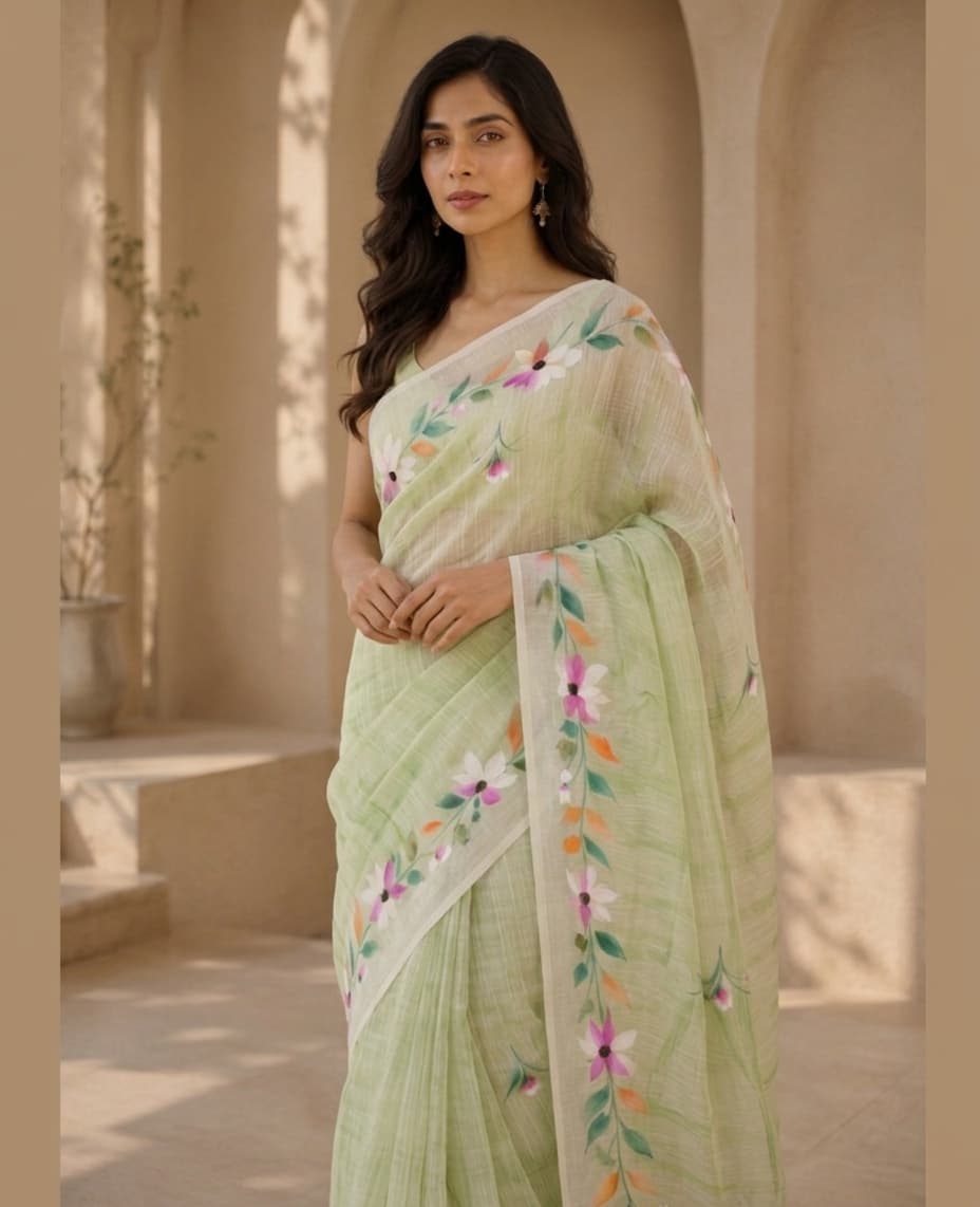 Sage-green hand-painted floral saree, three-quarter front view