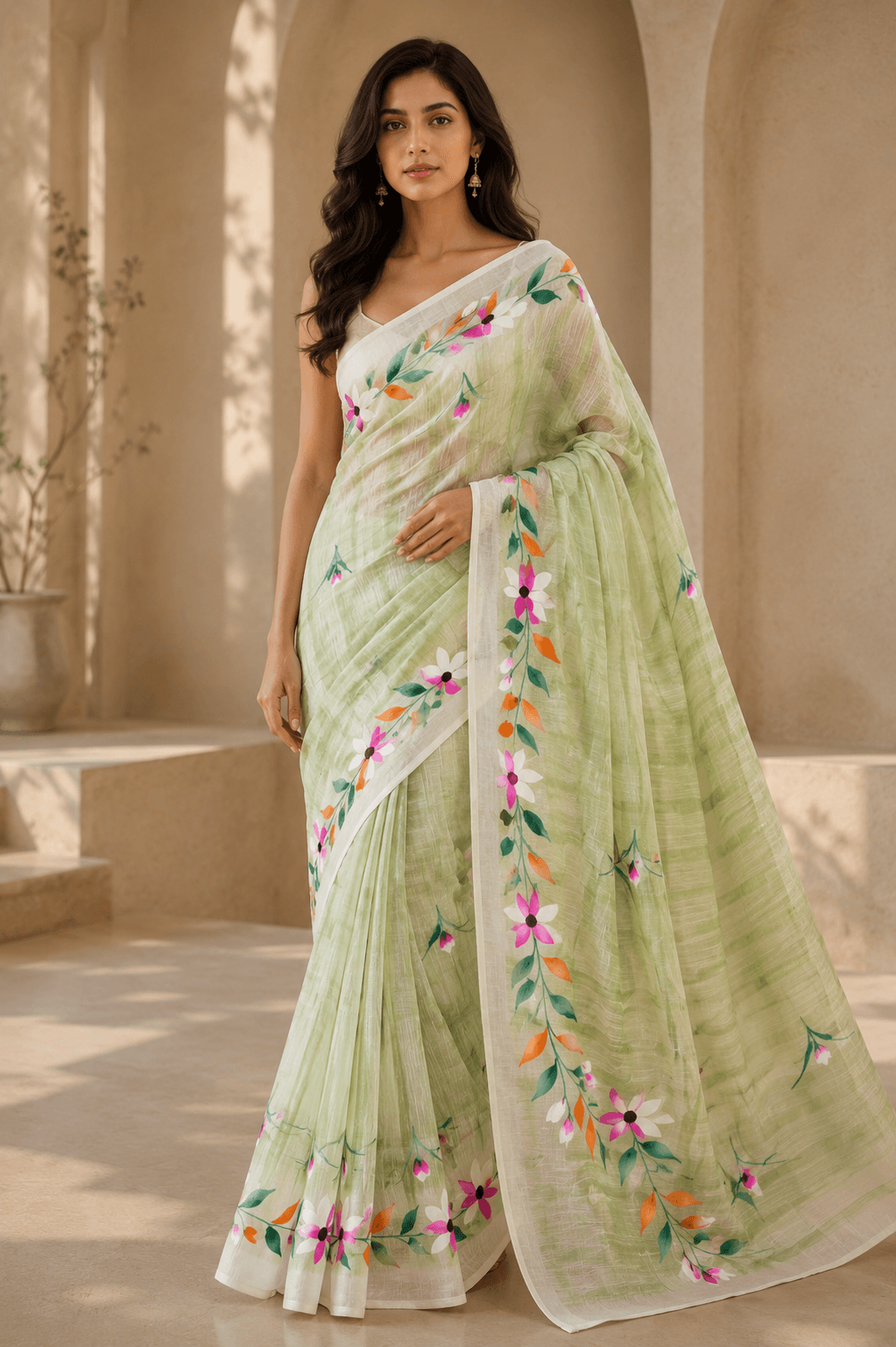 Model wearing a sage-green linen blend saree with hand-painted floral vine border, full-length front view