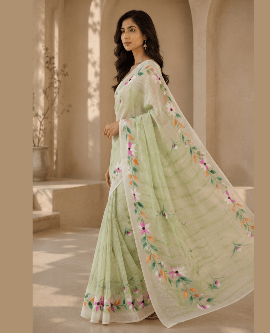 Sage-green hand-painted floral saree, side profile showing the pallu