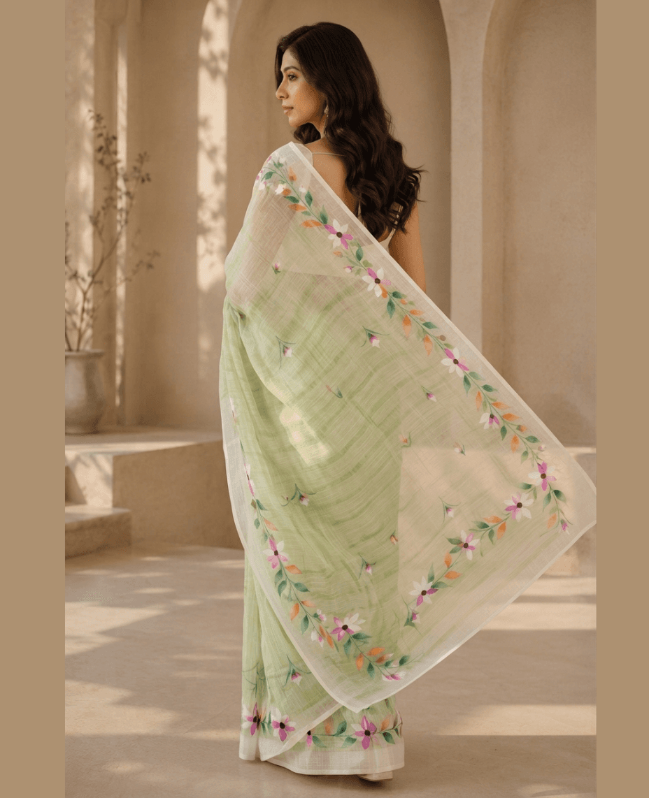 Sage-green hand-painted floral saree, back view with the pallu draped over the shoulder
