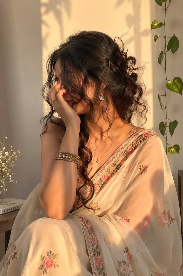 Close-up golden-hour portrait of a woman in a cream floral saree, eyes lowered